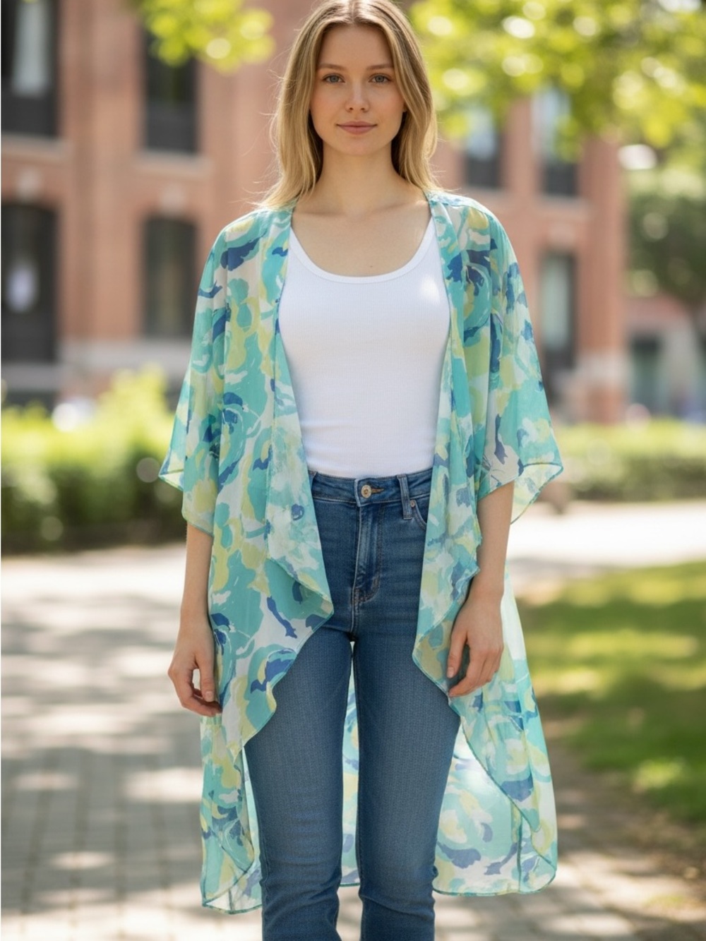 LuLaRoe silky Floral print Kimono blues and green size medium